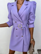 Damska Sukienka Marynarkowa Mini z Paskiem i Ozdobną Klamrą