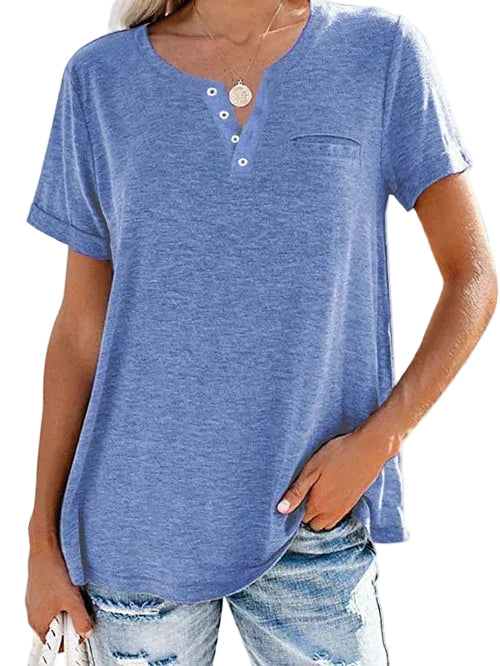 Damski T-shirt z krótkim rękawem, plisą guzikową i kieszonką na piersi