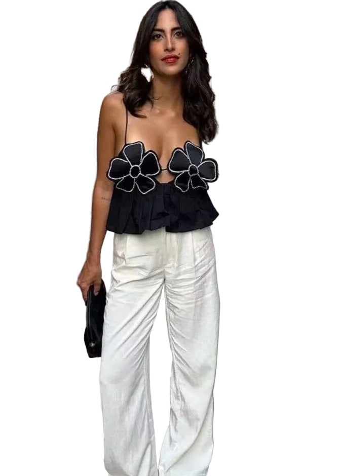 Damski top crop typu cami z ramiączkami spaghetti i aplikacjami z przodu