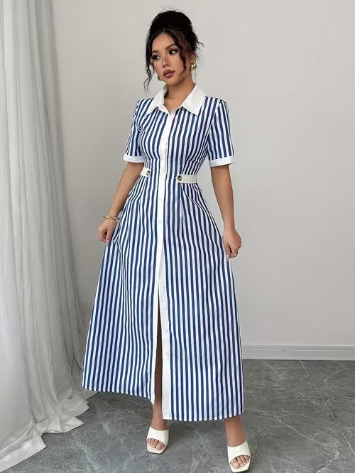 Damska koszulowa sukienka maxi w paski