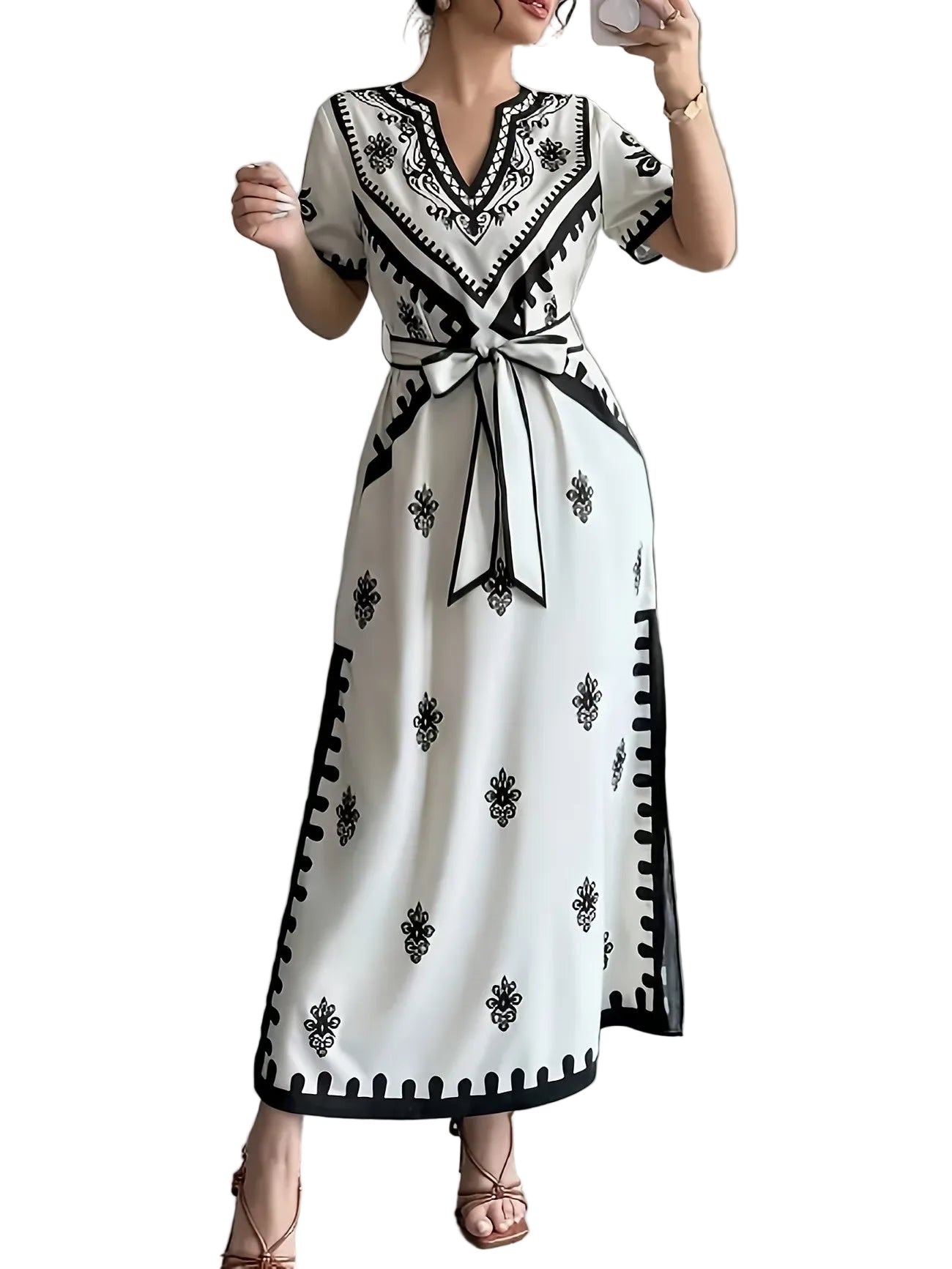 Damska sukienka maxi z nadrukiem i paskiem