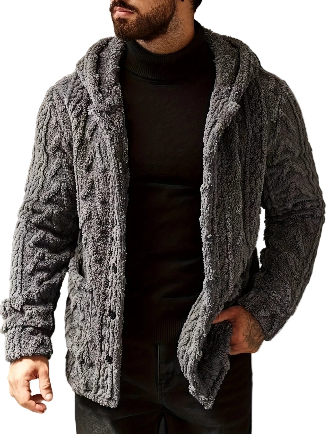 Męski kardigan z kapturem i splotem warkoczowym