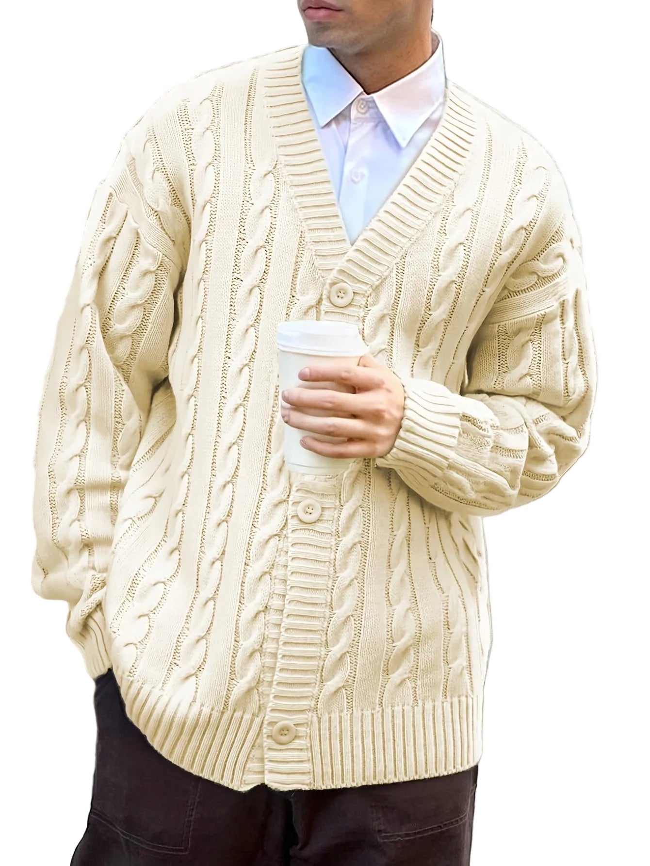 Męski kardigan z splotem warkoczowym i głębokim dekoltem w serek