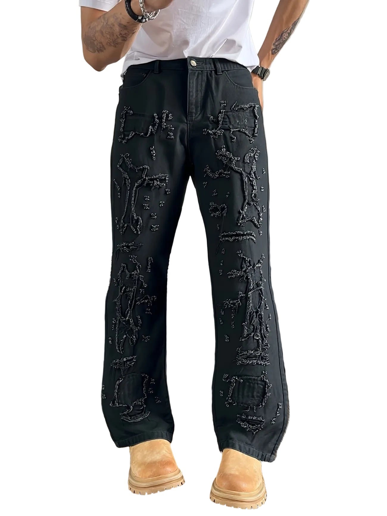 Męskie spodnie o prostych nogawkach z patchworkiem