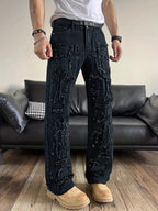 Męskie spodnie o prostych nogawkach z patchworkiem